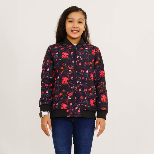 Girls Black Printed Reversible Bomber Jacket