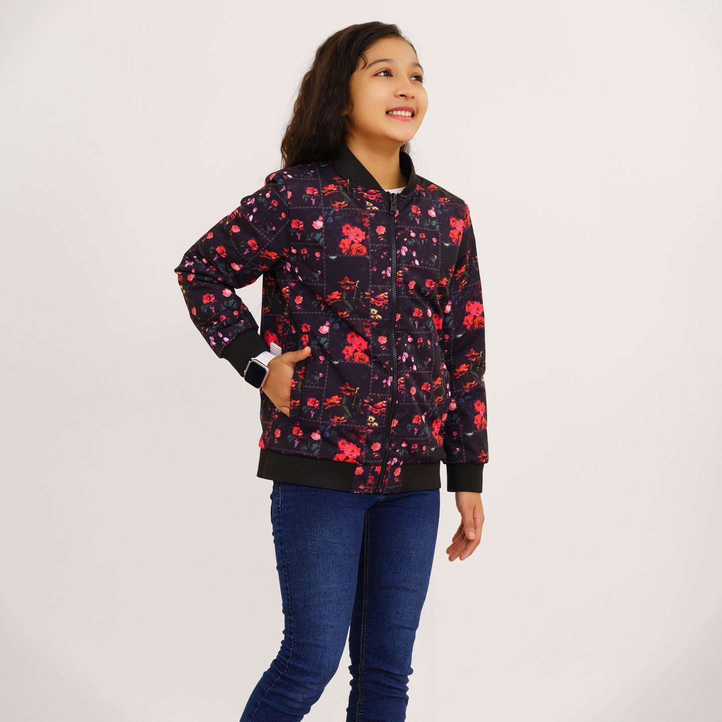 Girls Black Printed Reversible Bomber Jacket