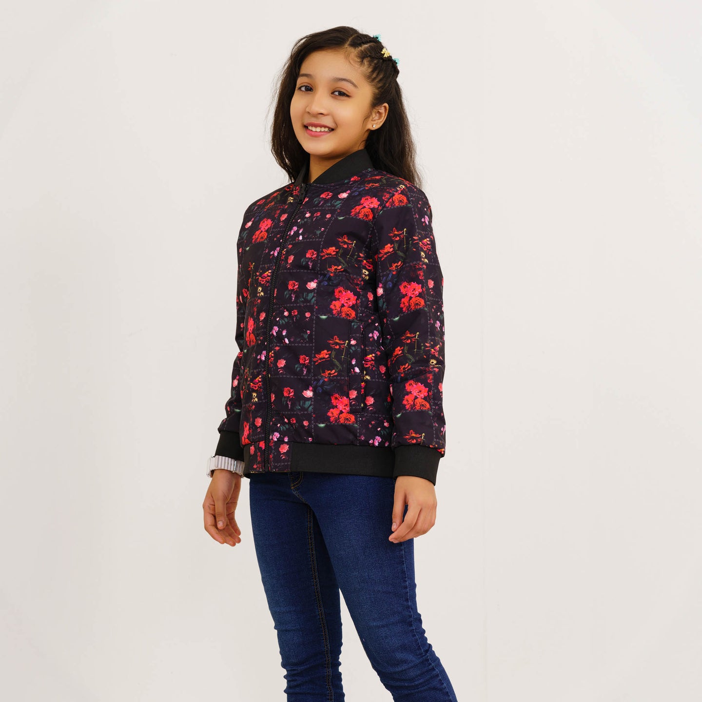 Girls Black Printed Reversible Bomber Jacket