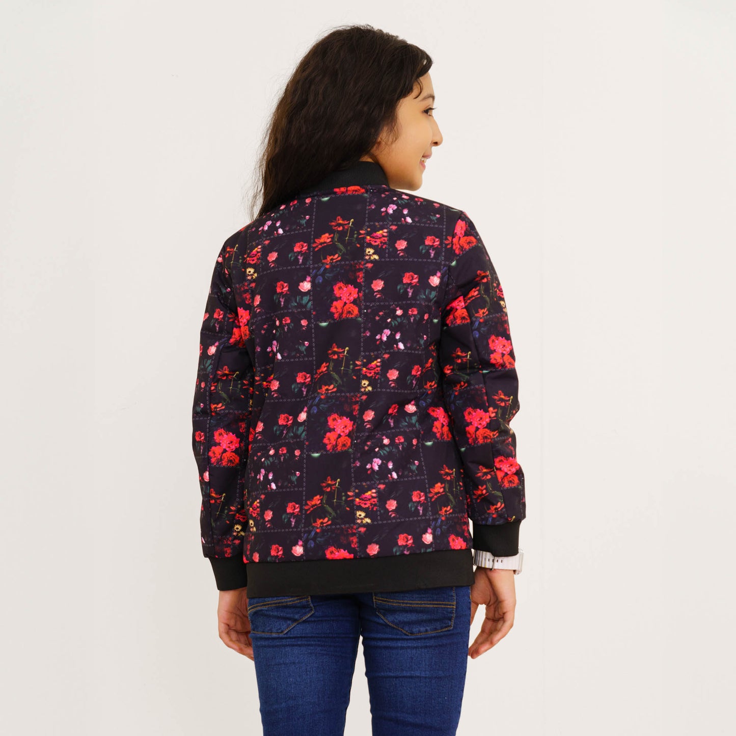Girls Black Printed Reversible Bomber Jacket