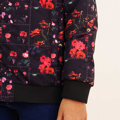 Girls Black Printed Reversible Bomber Jacket