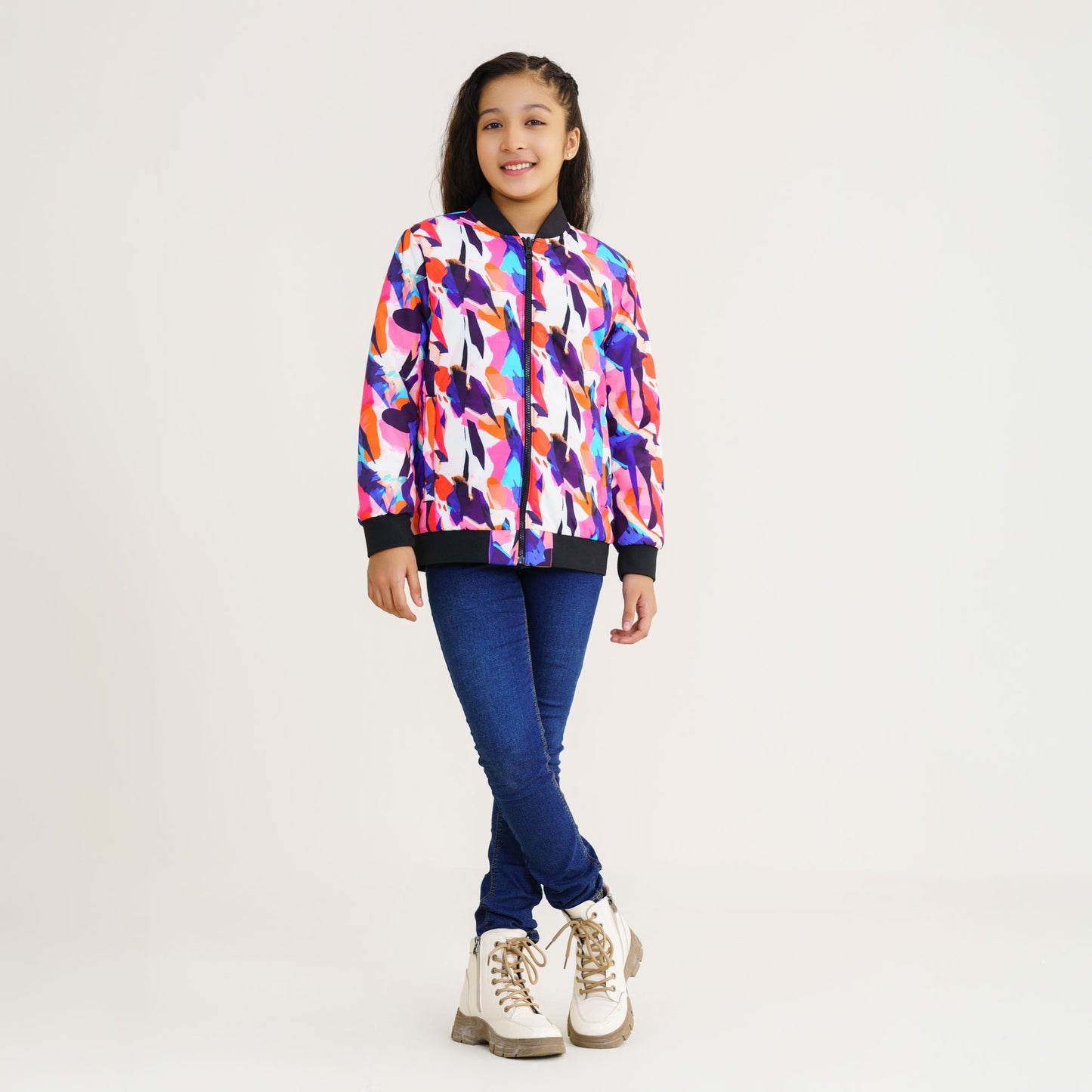 Girls Multi Color Aop Reversible Bomber Jacket