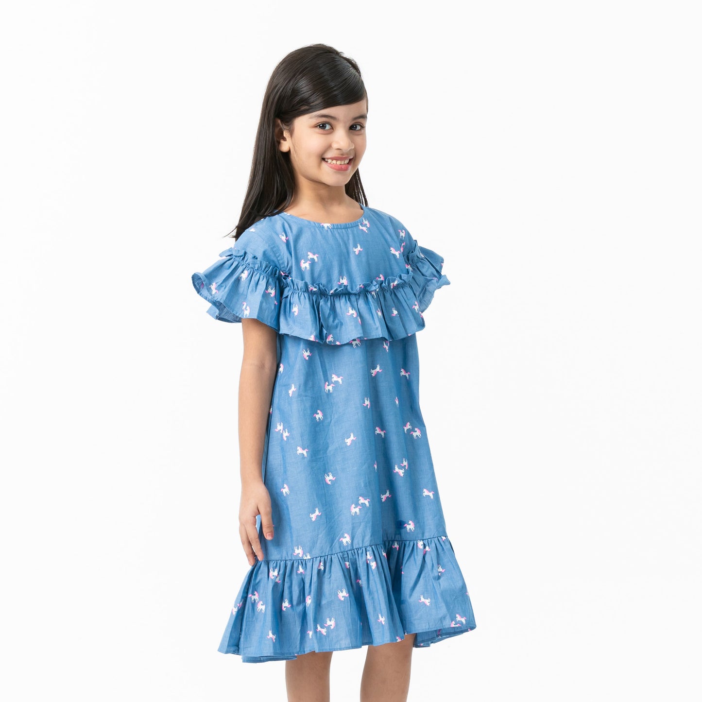 Girls Blue Ash Frill Dress