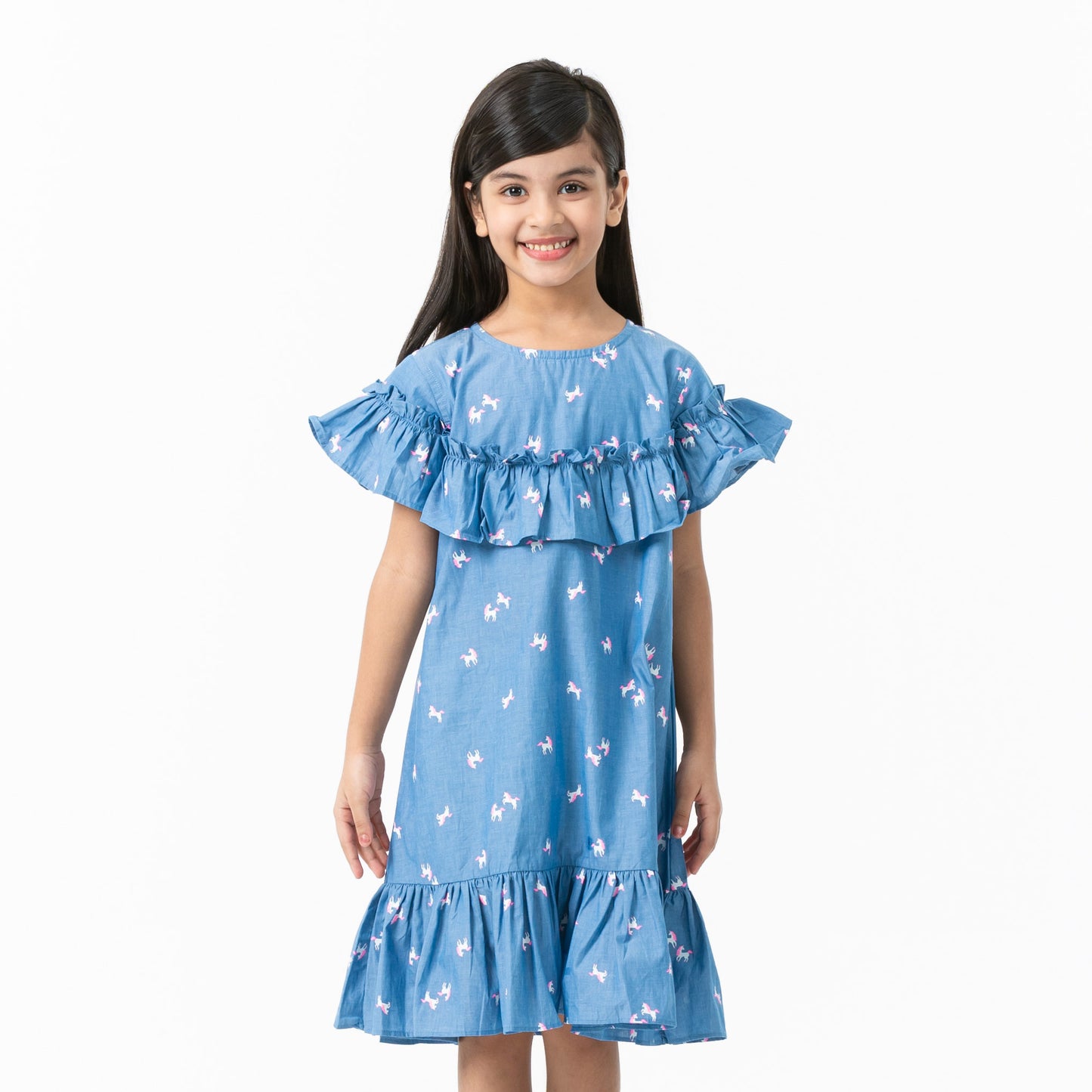 Girls Blue Ash Frill Dress