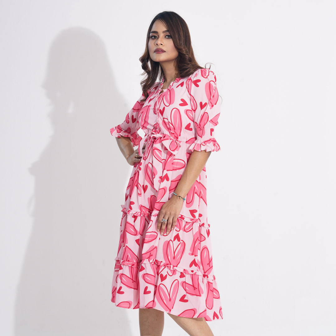 Womens Pink AOP Flared Dress