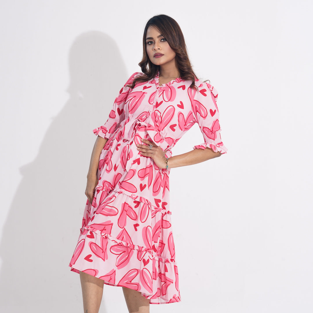 Womens Pink AOP Flared Dress