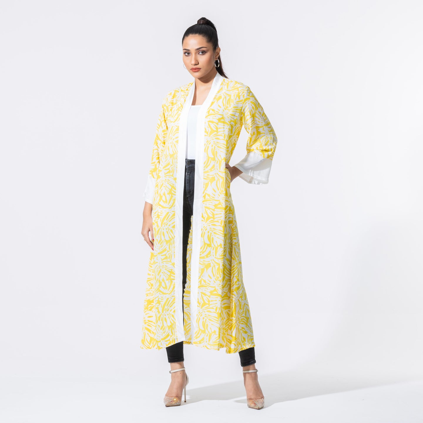 Womens White & Yellow Printed Shrug