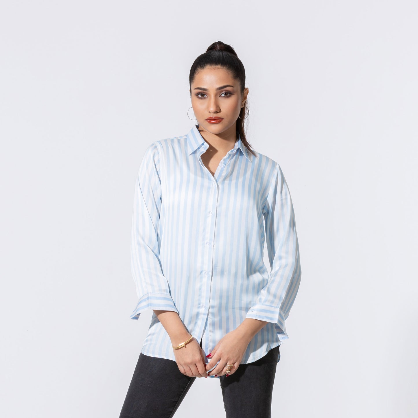 Womens Blue Striped Long Shirt