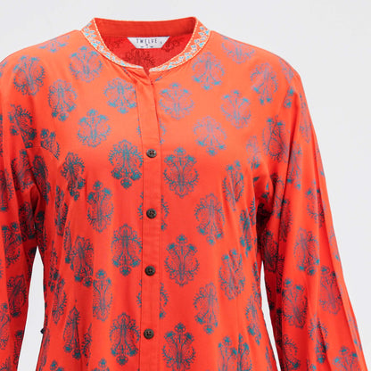 Women Orange Embroidered Kurti