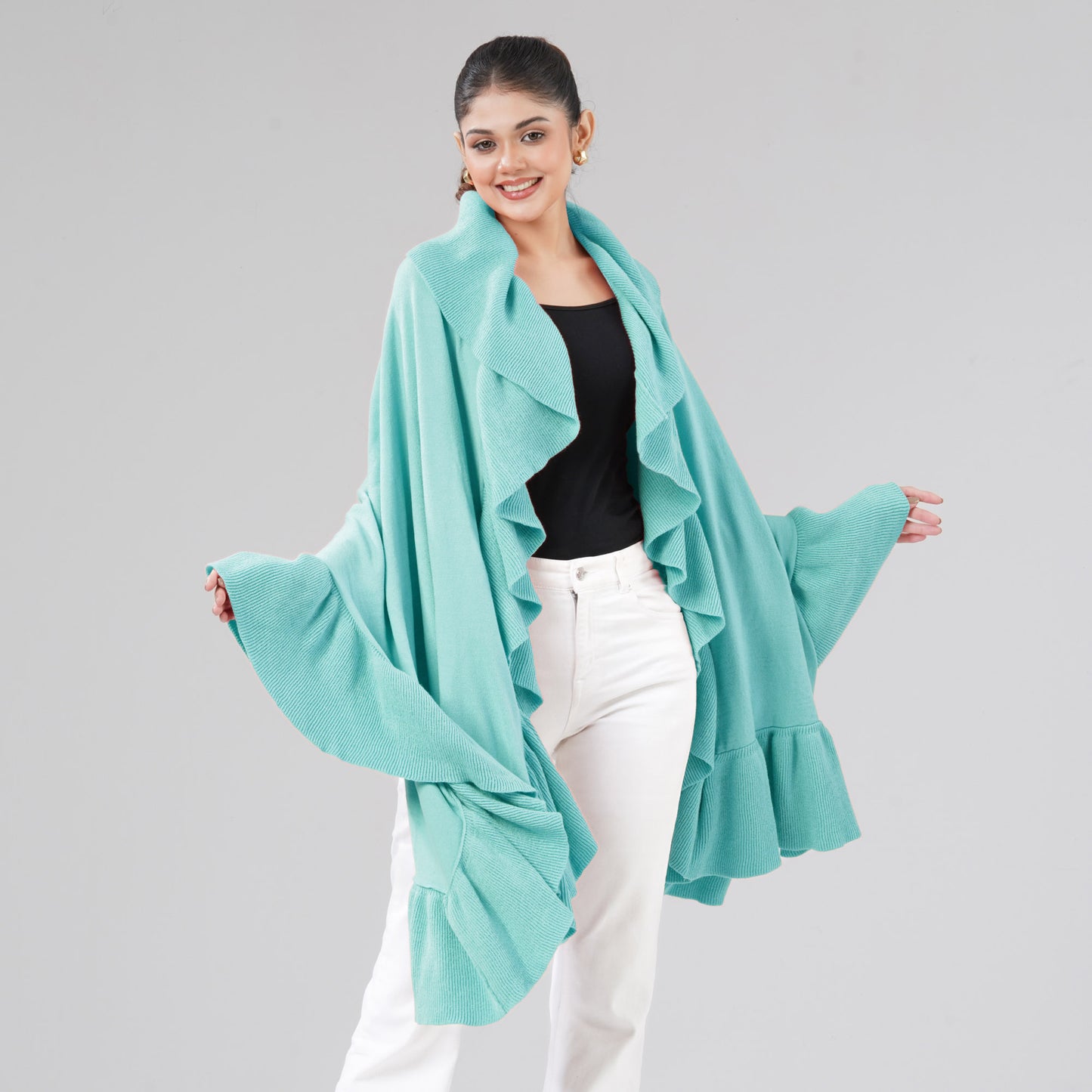 Womens Aqua Ruffle Shawl