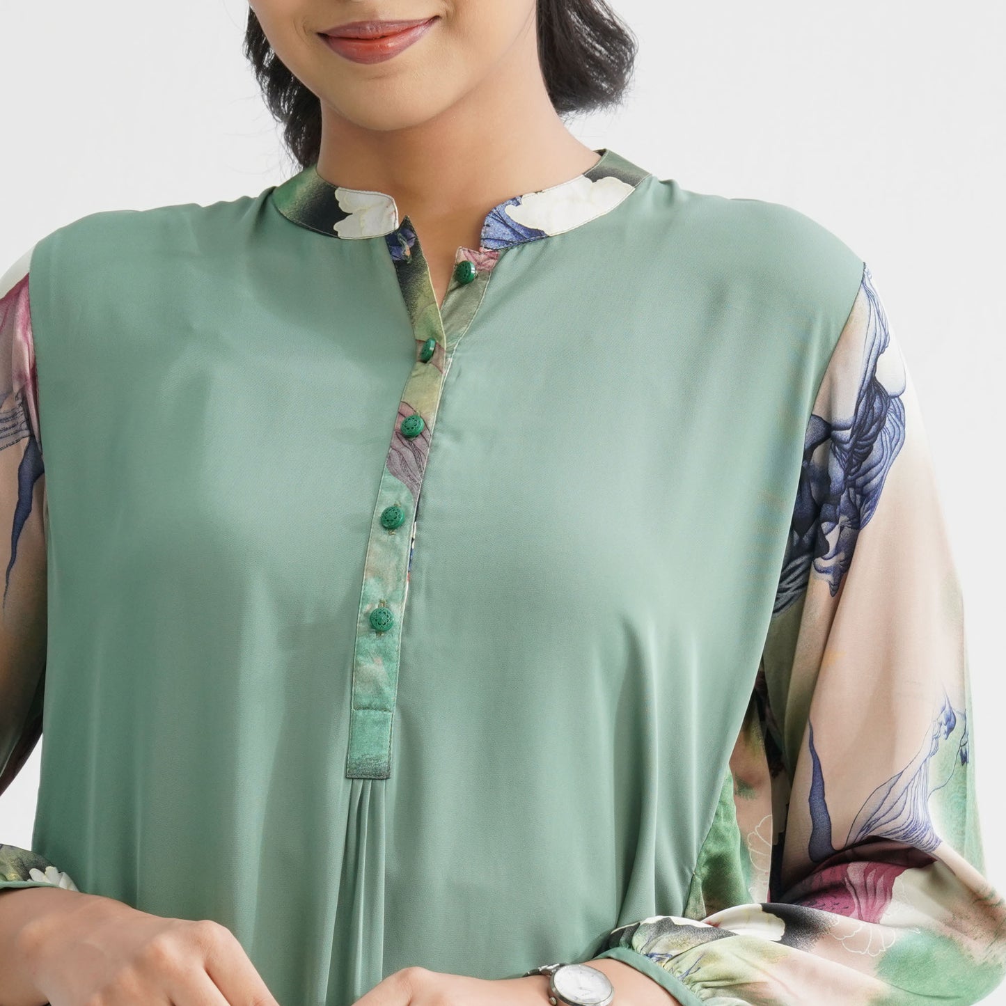 Women's Green Floral Blended Kurti