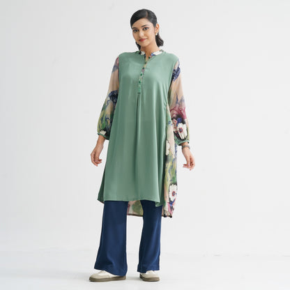Women's Green Floral Blended Kurti