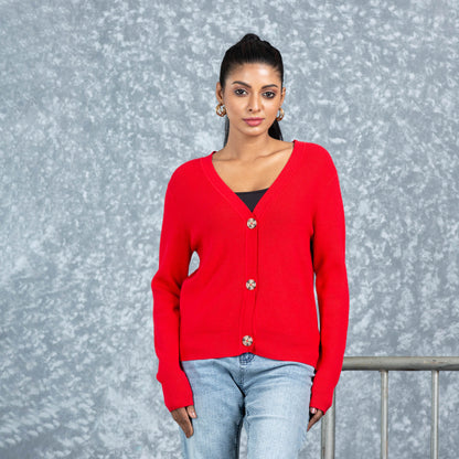 Women Red Cardigan