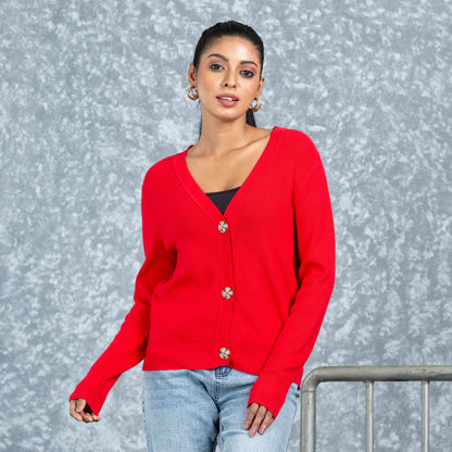 Women Red Cardigan