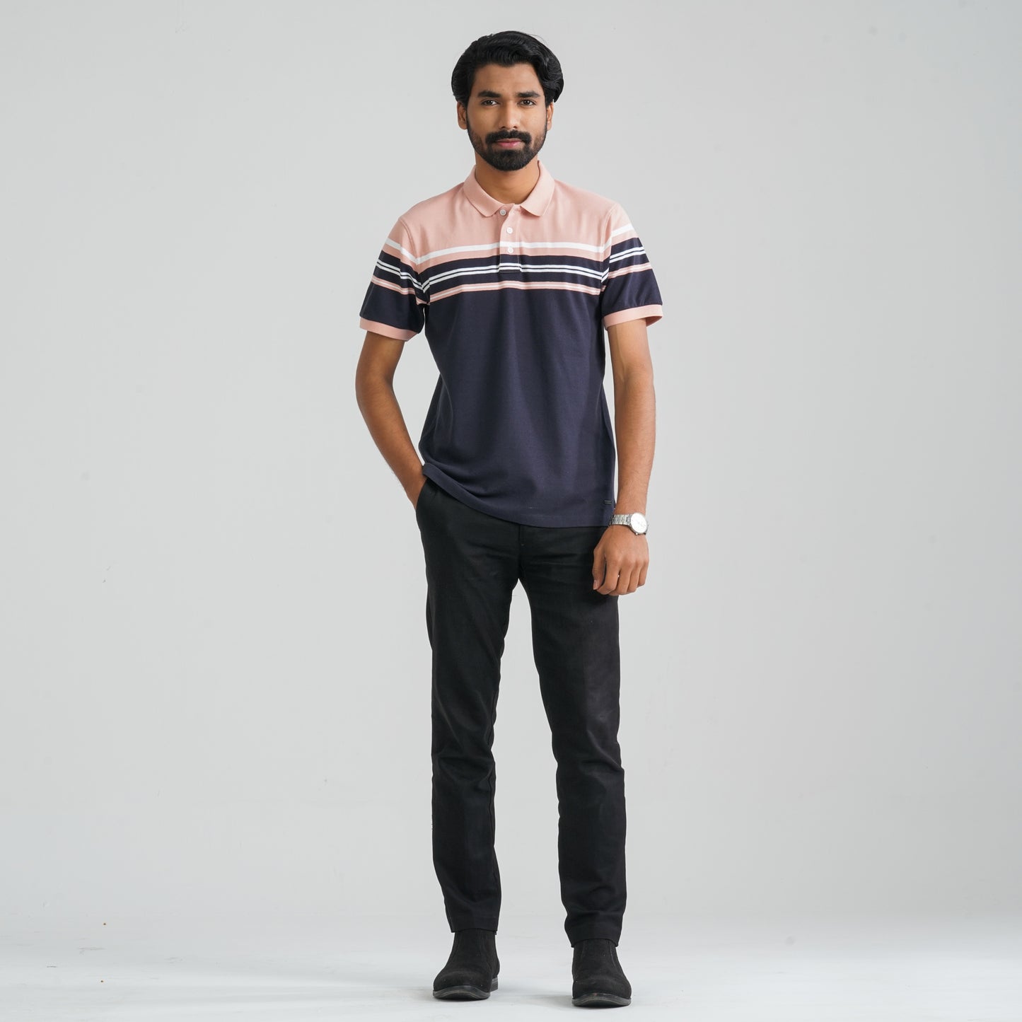 Men's Navy & Peach Cotton Polo