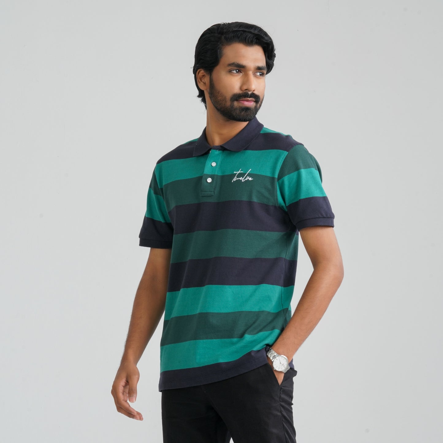 Men's Navy & Green Cotton Polo