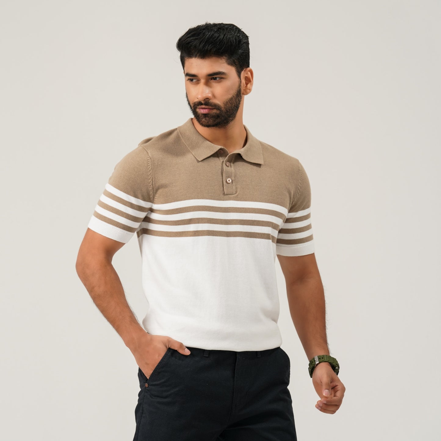 Mens Beige & White Striped Polo Sweater