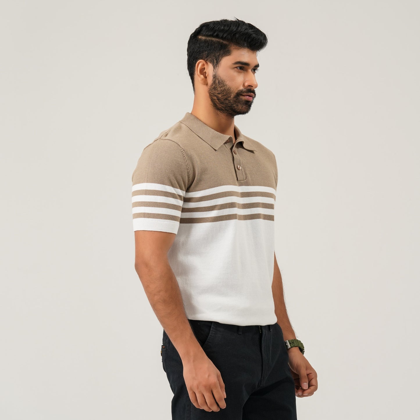 Mens Beige & White Striped Polo Sweater