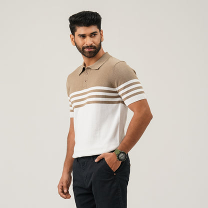 Mens Beige & White Striped Polo Sweater