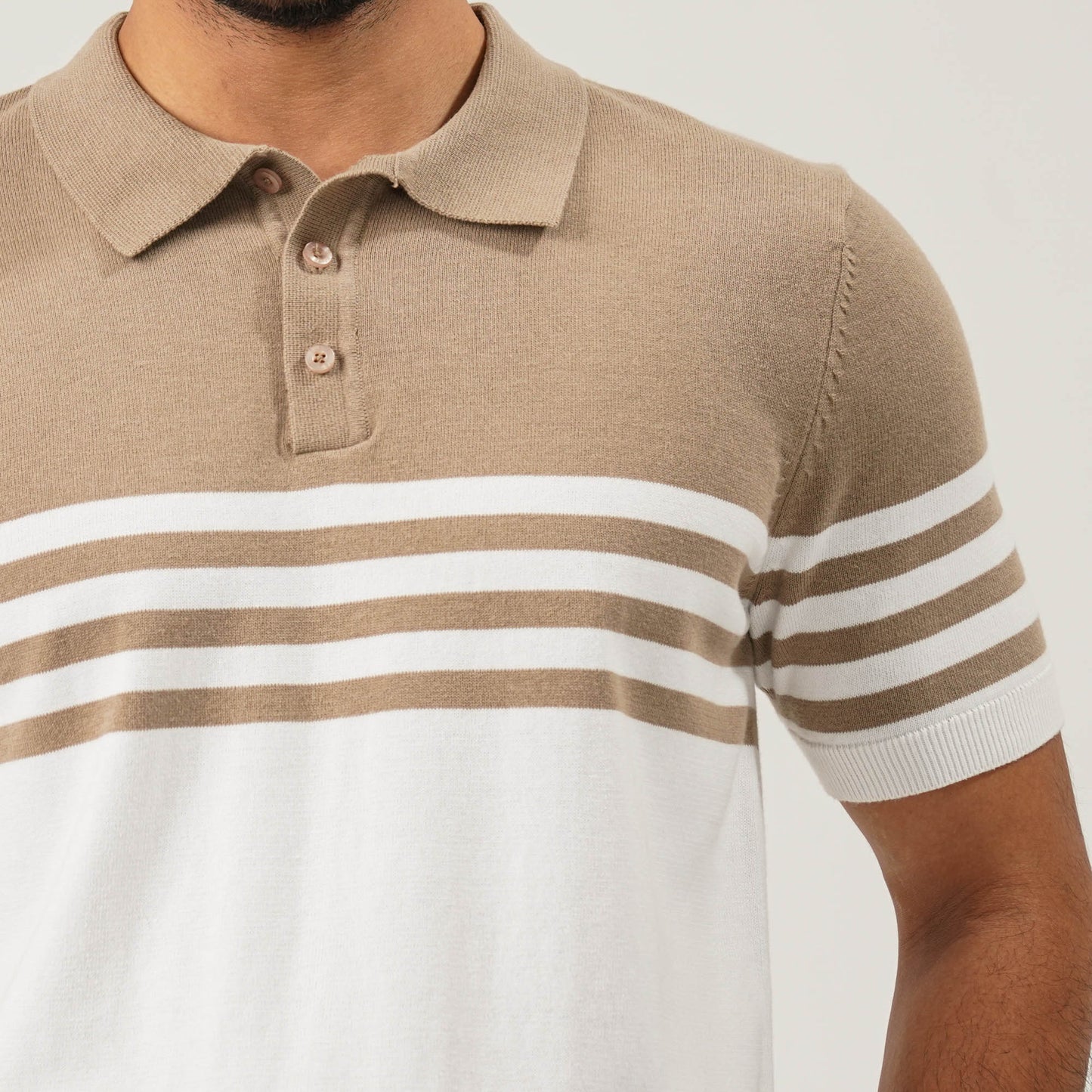 Mens Beige & White Striped Polo Sweater