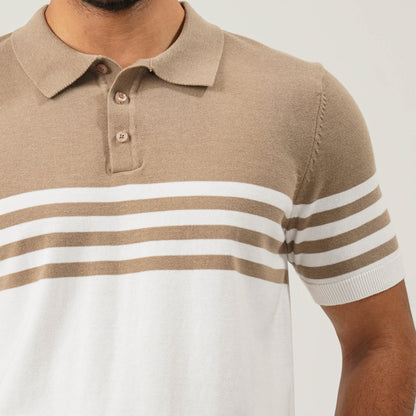 Mens Beige & White Striped Polo Sweater