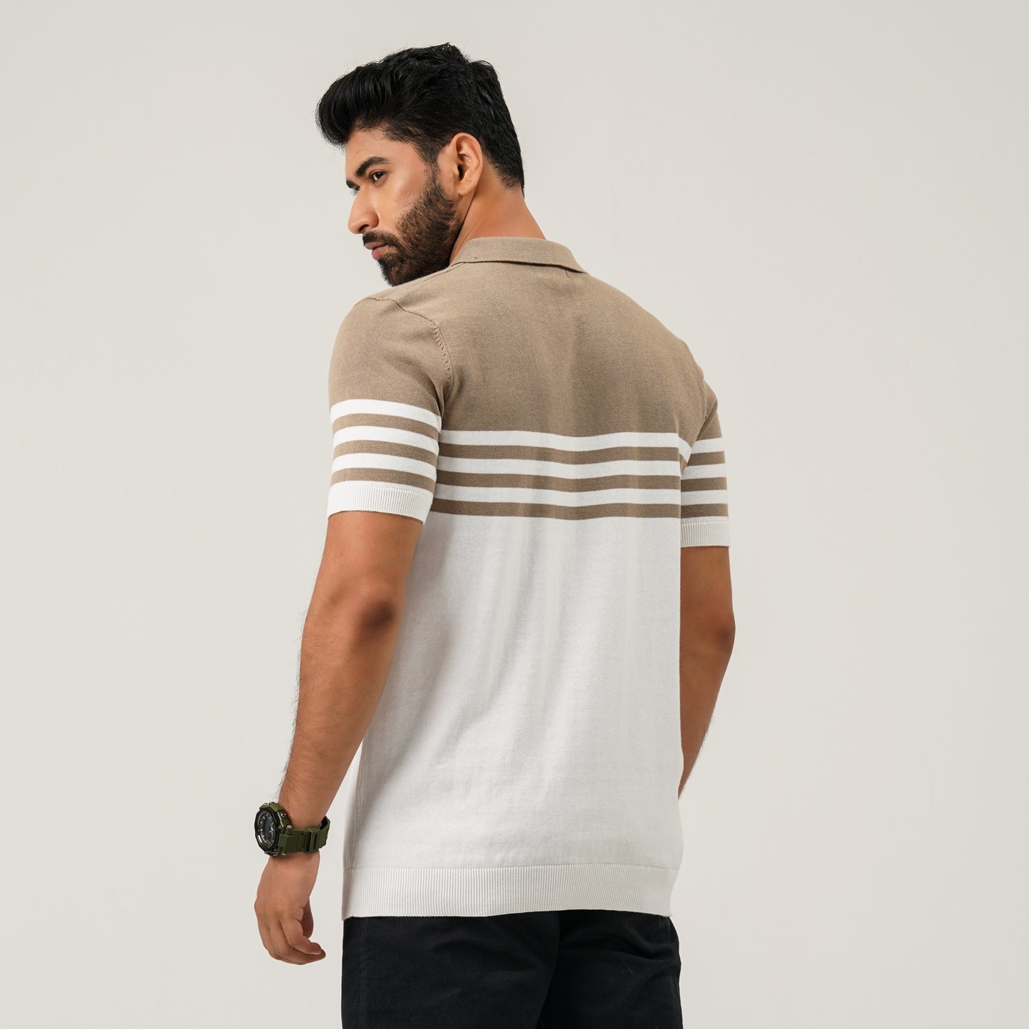 Mens Beige & White Striped Polo Sweater