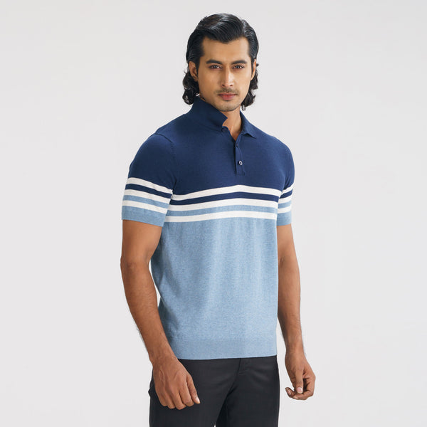 Mens Navy & Light Blue  Striped Polo Sweater