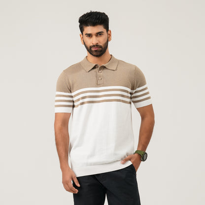 Mens Beige & White Striped Polo Sweater