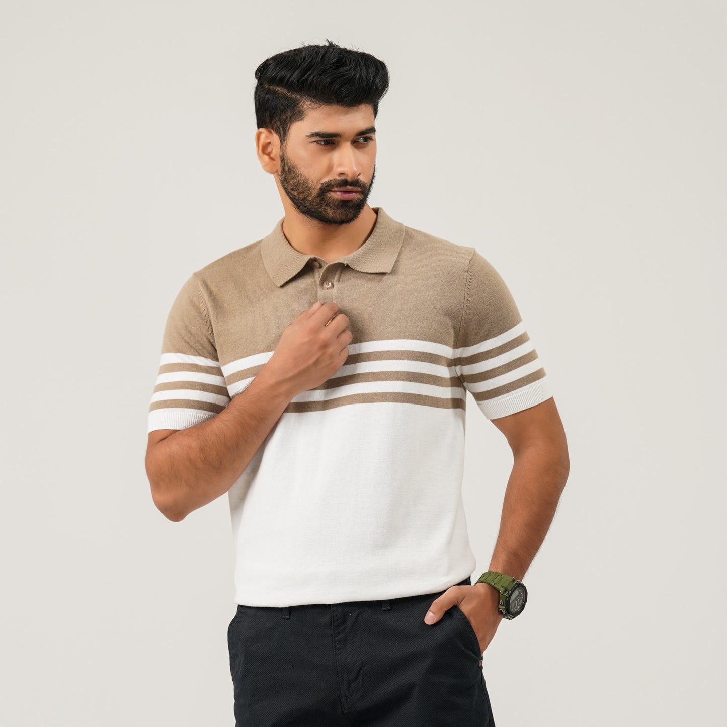 Mens Beige & White Striped Polo Sweater