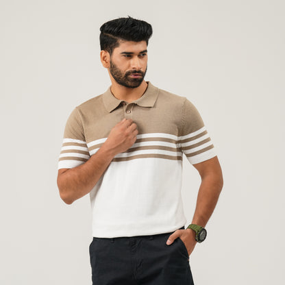 Mens Beige & White Striped Polo Sweater