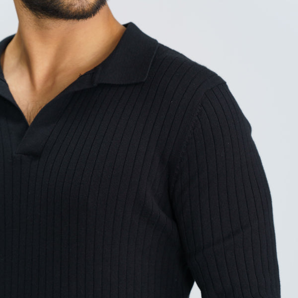 Men’s Black Textured Polo Sweater