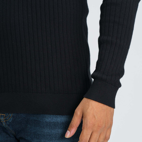 Mens Black Textured Polo Sweater