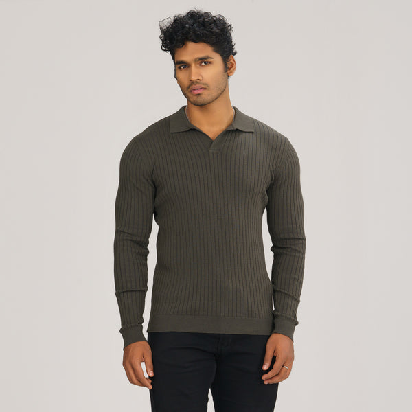 Mens Grey Textured Polo Sweater