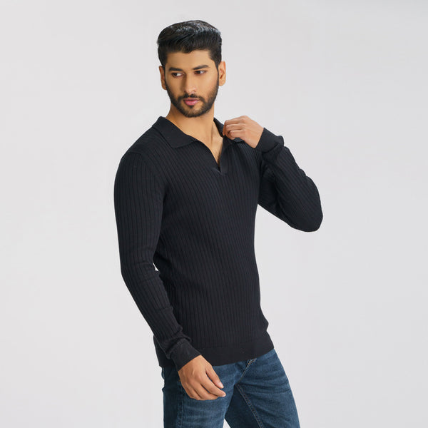 Men’s Black Textured Polo Sweater