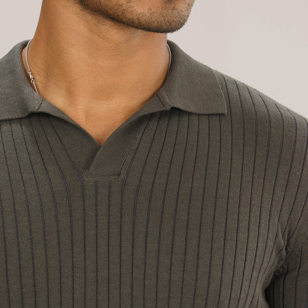 Mens Grey Textured Polo Sweater