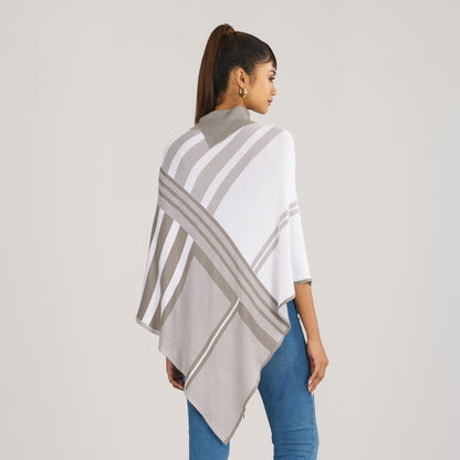 Womens White & Grey Checked Poncho