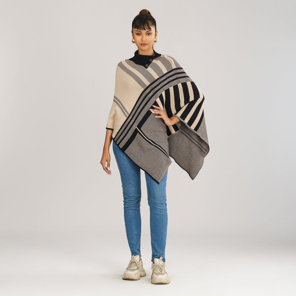 Womens Black & Beige Checked Poncho