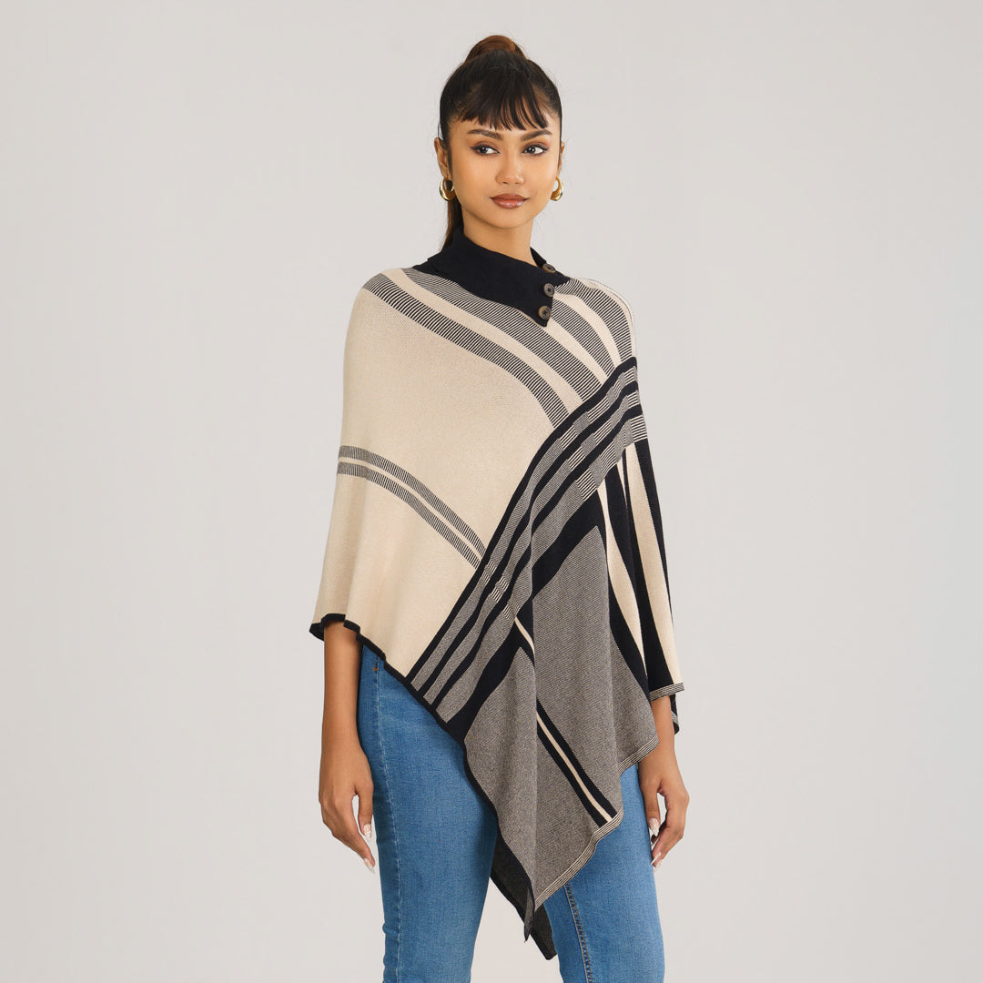 Womens Black & Beige Checked Poncho