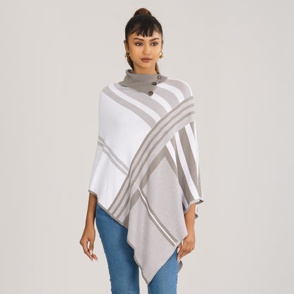 Womens White & Grey Checked Poncho