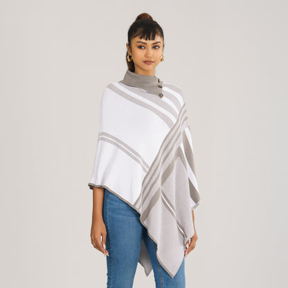 Womens White & Grey Checked Poncho