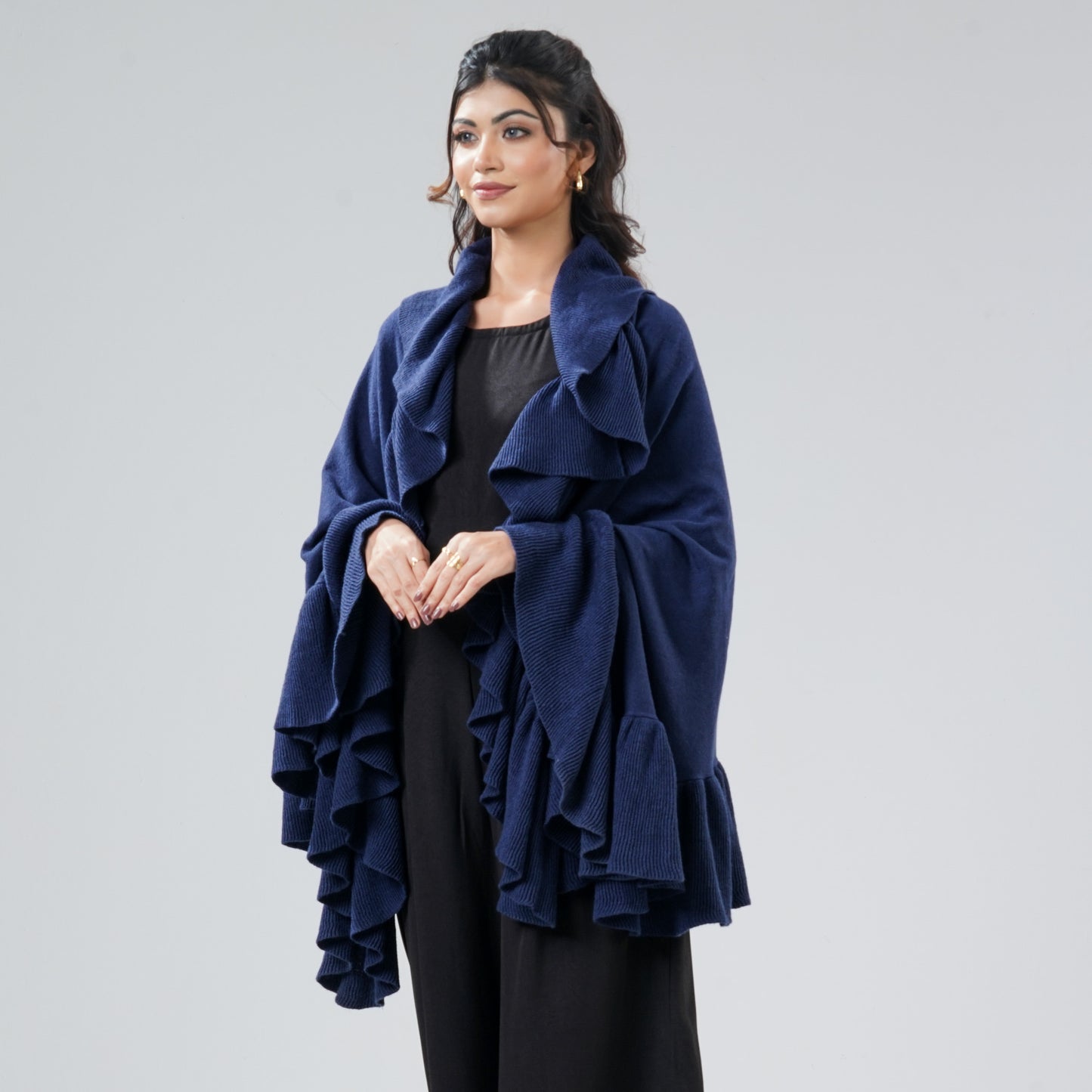 Womens Dark Blue Ruffle Shawl