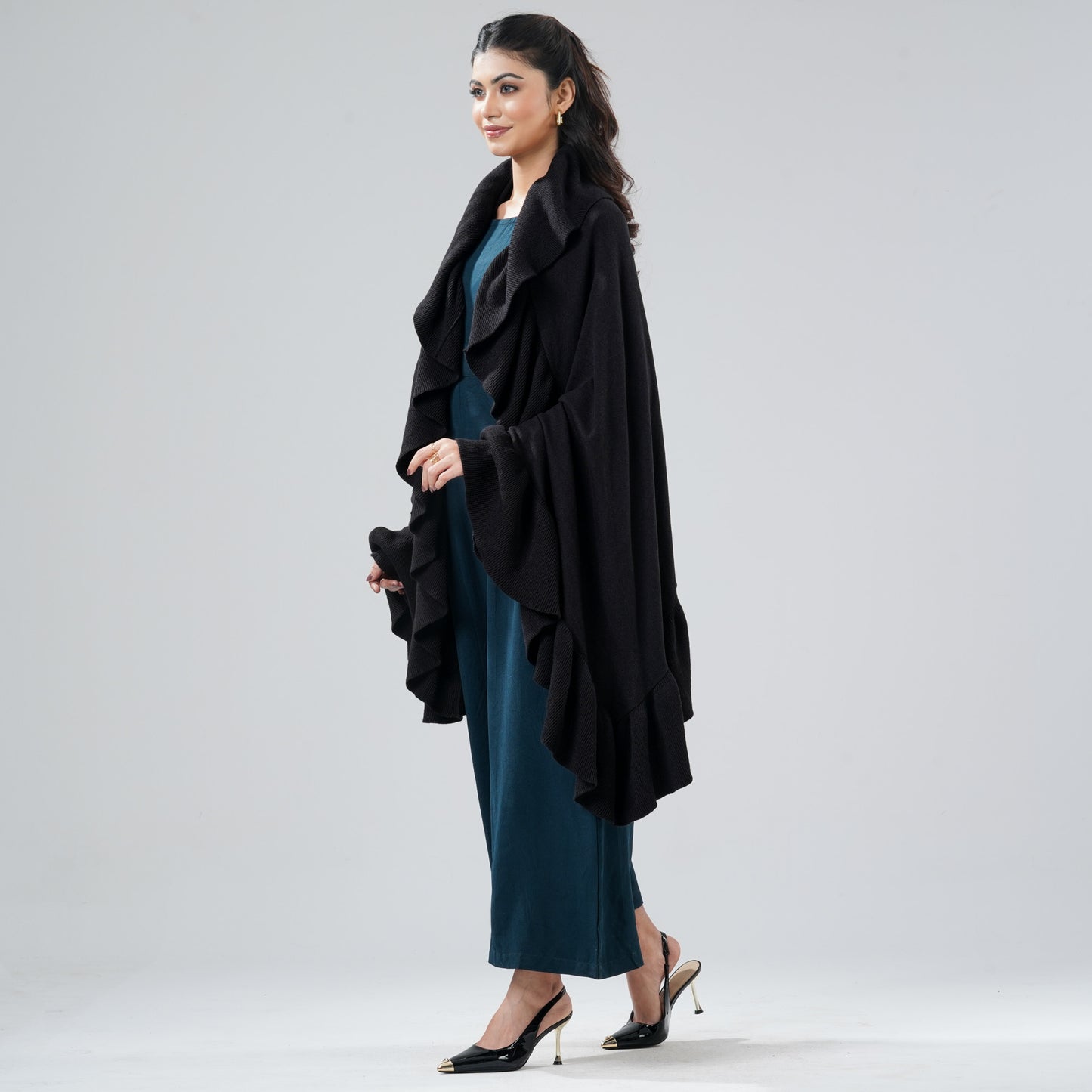 Womens Black Ruffle Shawl