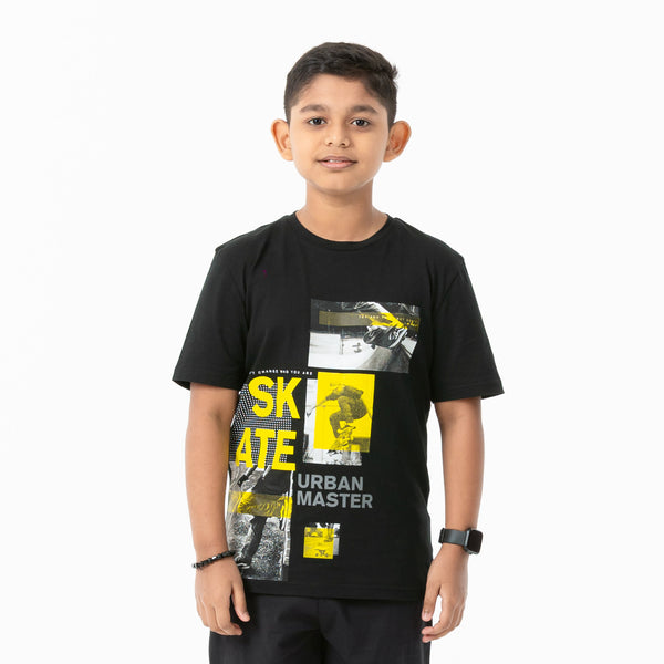 Boys Black Printed T-Shirt