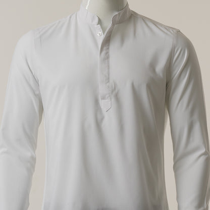 Mens White Casual Band Collar Shirt