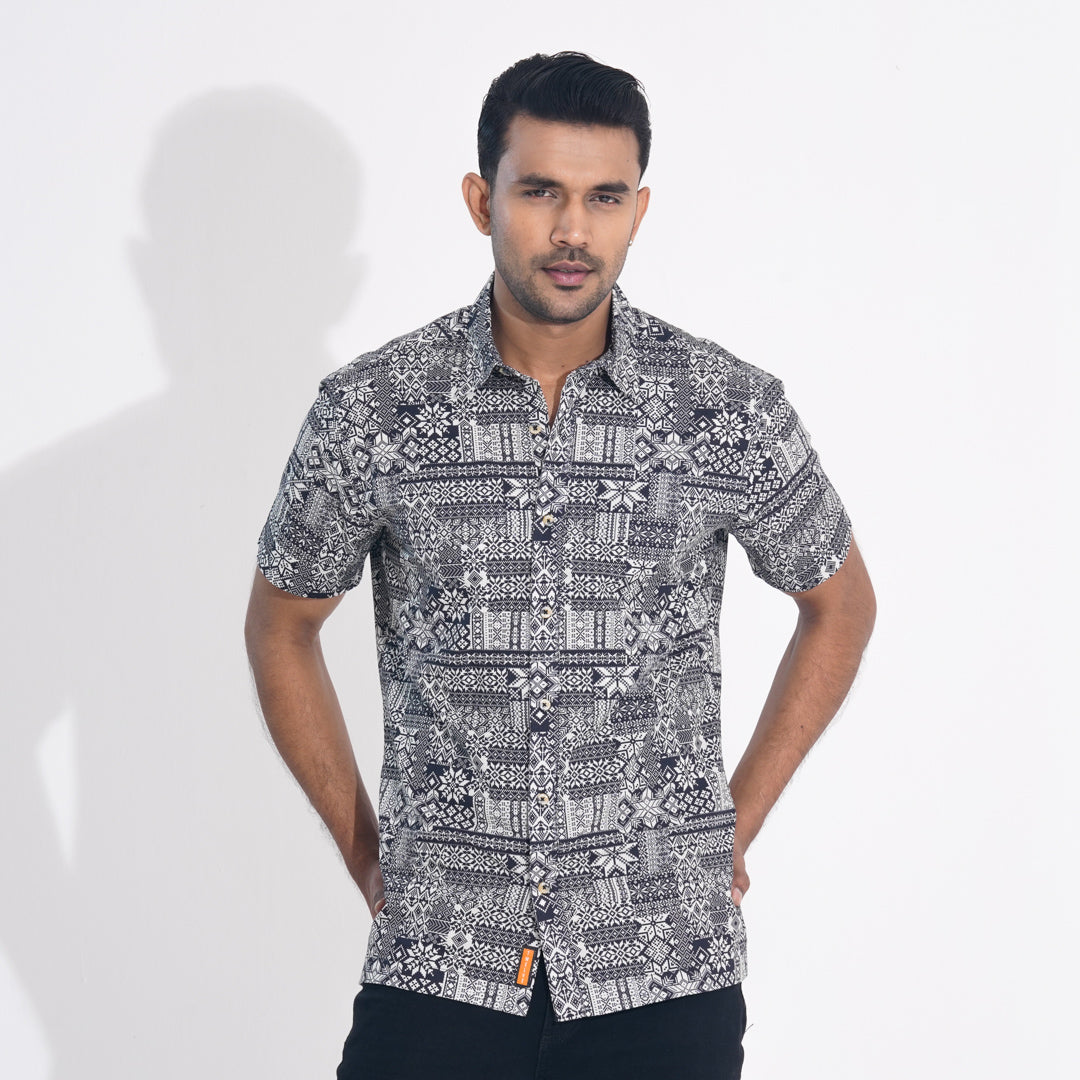 Mens Black Printed Cotton Shirt