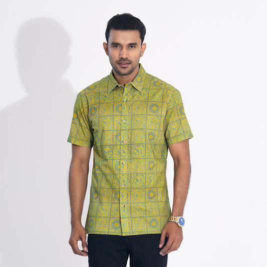 Mens Yellow Printed Cotton Shirt