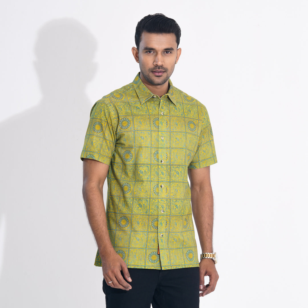 Mens Yellow Printed Cotton Shirt