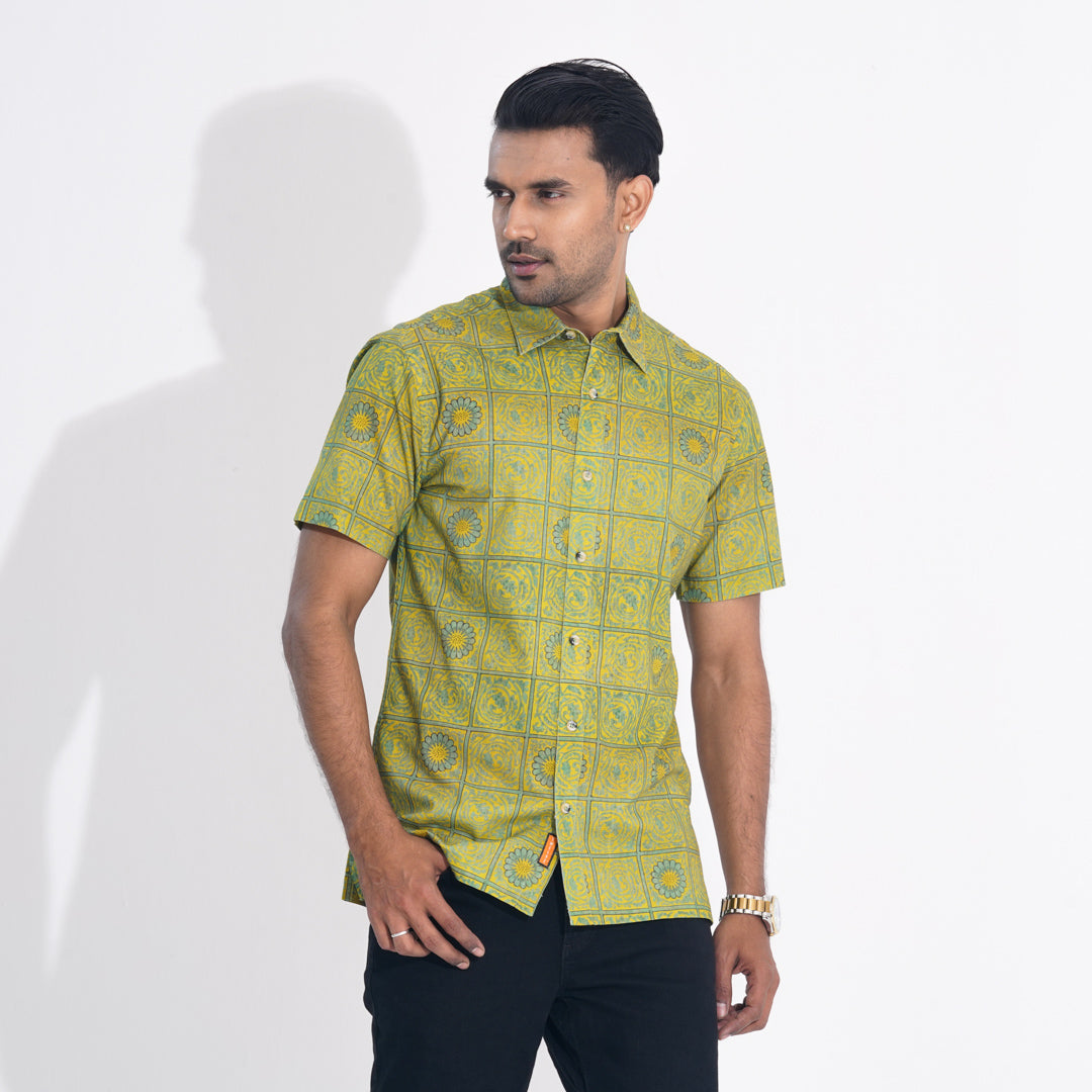 Mens Yellow Printed Cotton Shirt