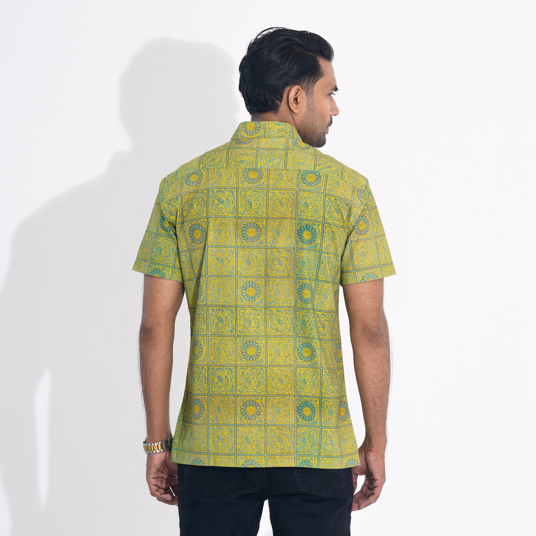 Mens Yellow Printed Cotton Shirt