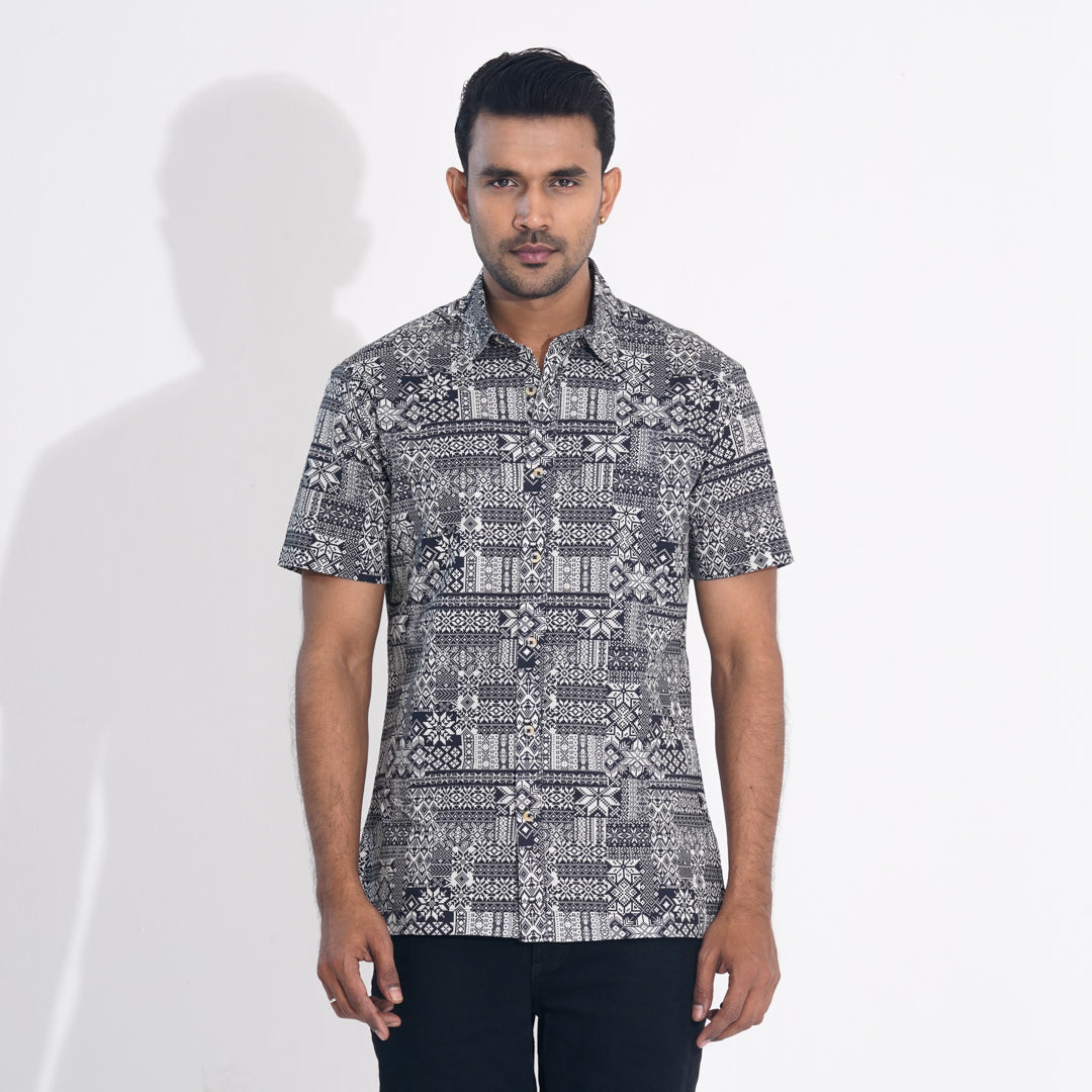 Mens Black Printed Cotton Shirt